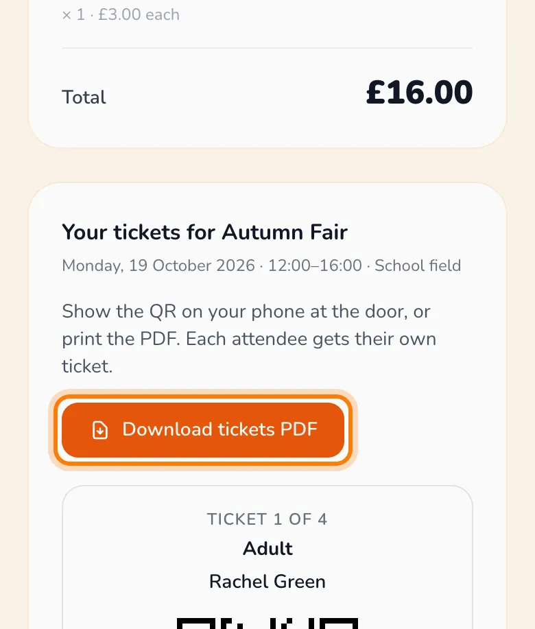 Your tickets, to show or download, highlighted on the whole screen
