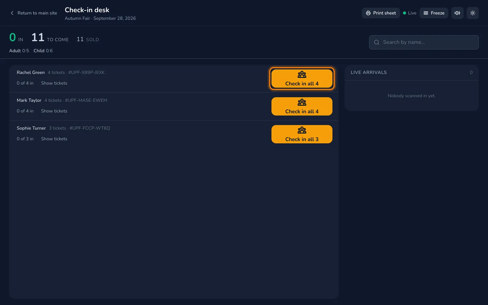 Check in a whole family at once, highlighted on the whole screen