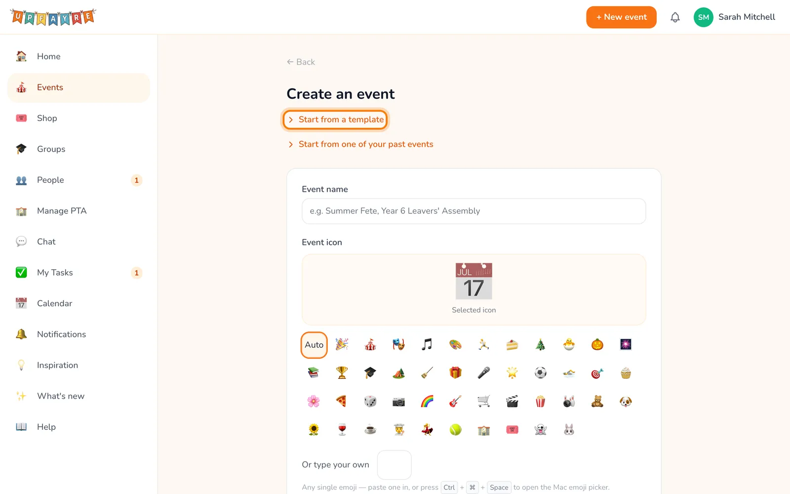 Start from a template, highlighted on the whole screen