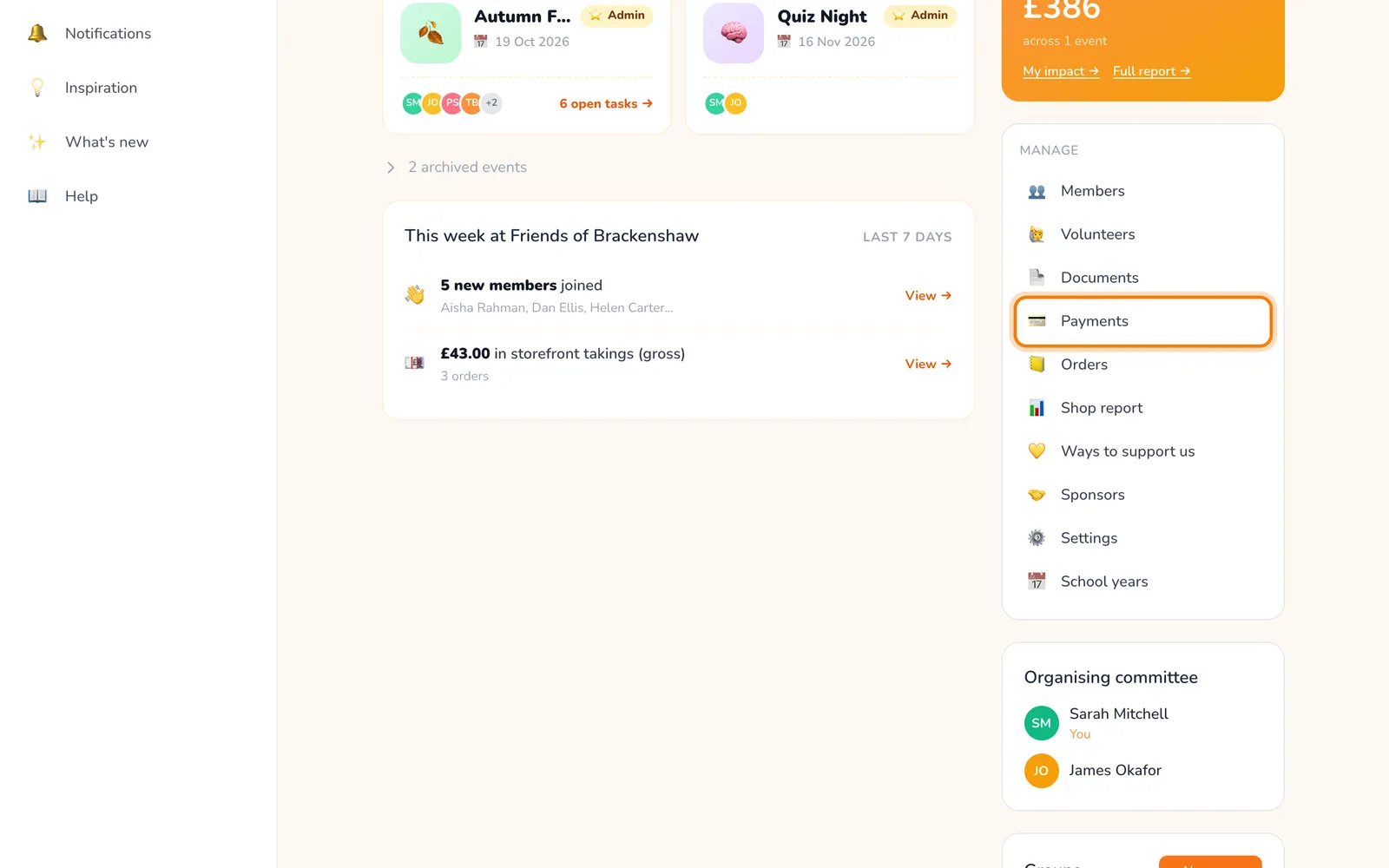 Payments, under Manage PTA, highlighted on the whole screen