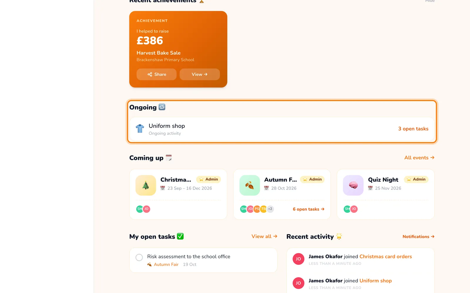Your ongoing activities, at the top of your dashboard, highlighted on the whole screen
