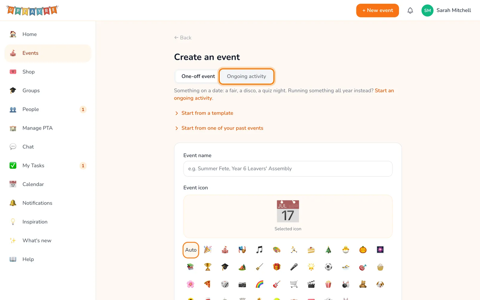 Choose Ongoing activity when you create something, highlighted on the whole screen