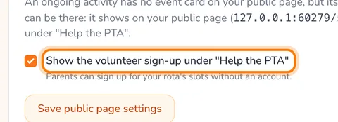 Tick the volunteer sign-up in the activity's Settings (enlarge)
