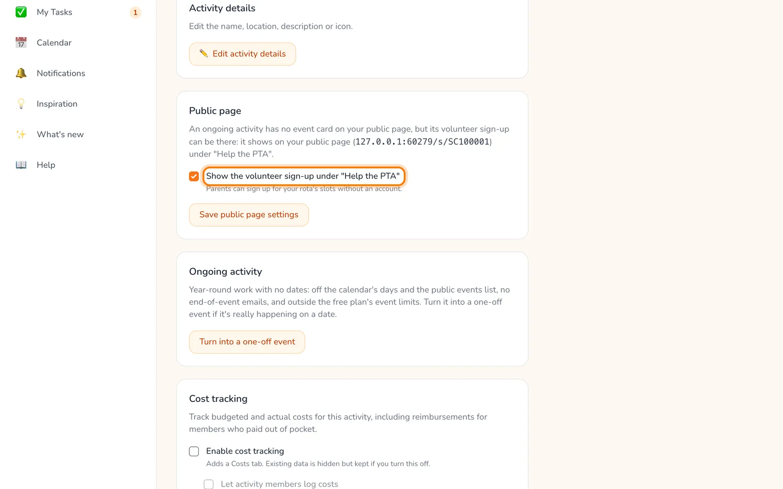 Tick the volunteer sign-up in the activity's Settings, highlighted on the whole screen