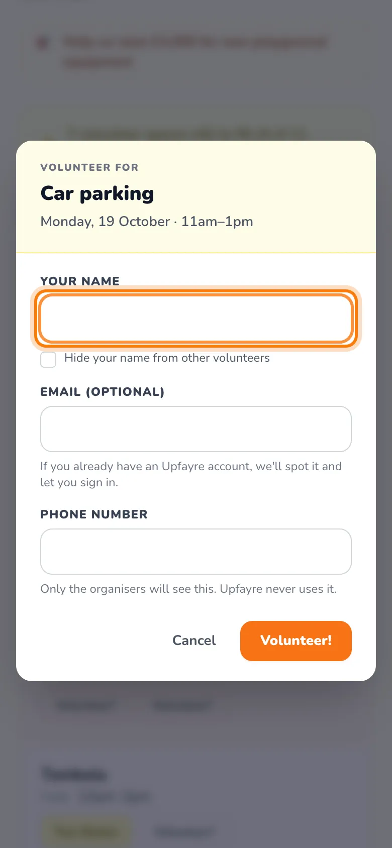 Type your name, highlighted on the whole screen