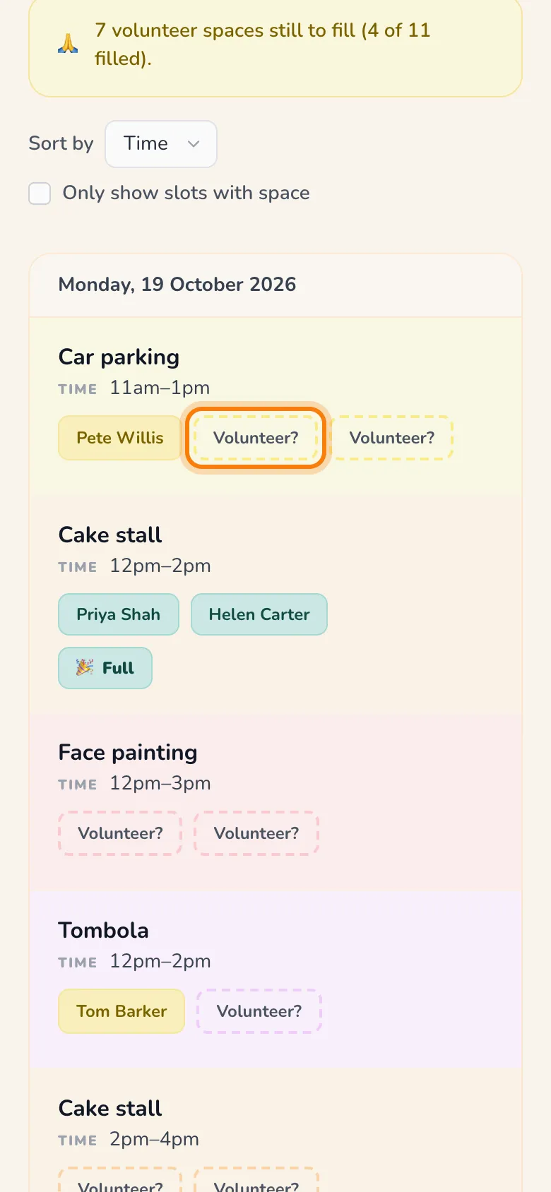 Tap Volunteer? on a slot with space, highlighted on the whole screen