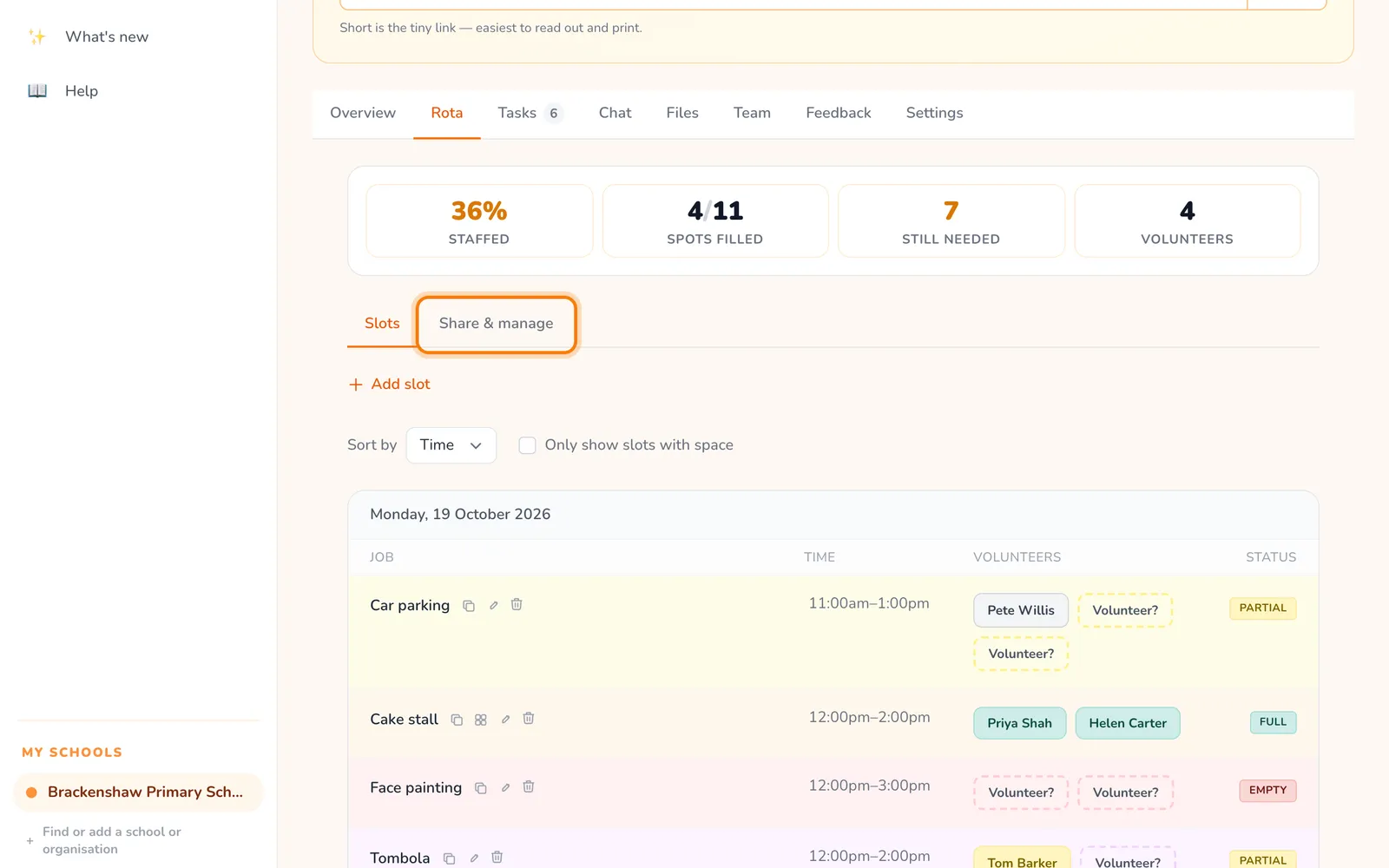 Share & manage, highlighted on the whole screen