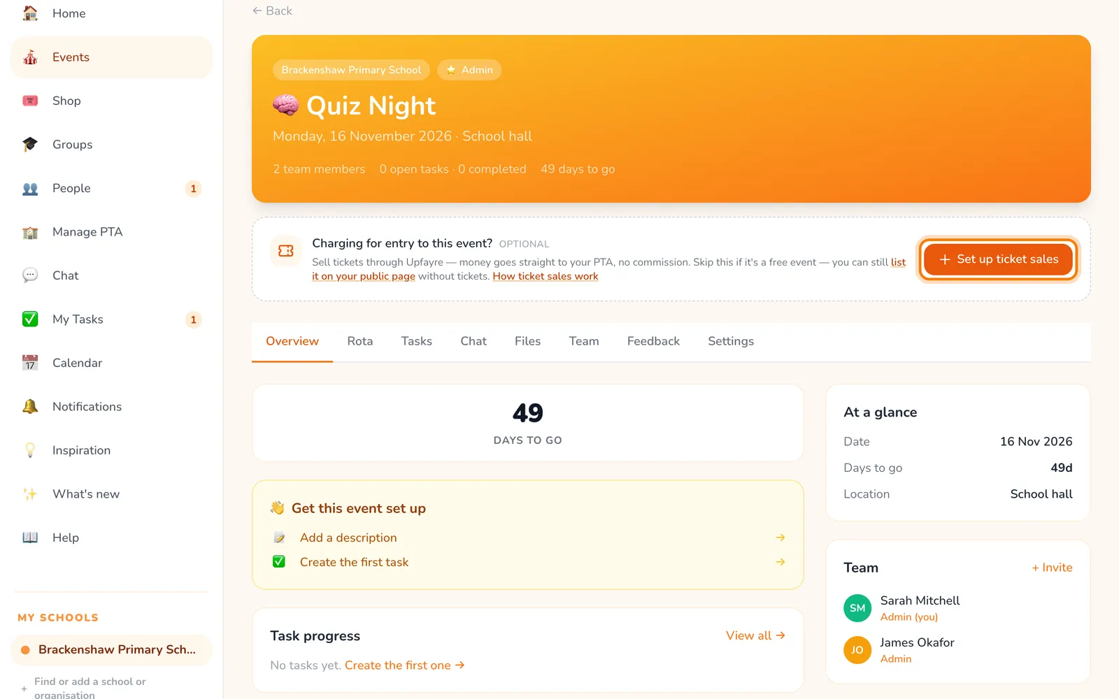 Set up ticket sales, highlighted on the whole screen