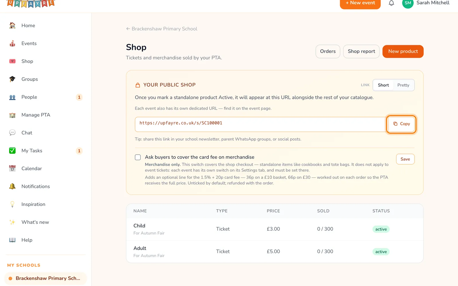 Your shop's link, highlighted on the whole screen